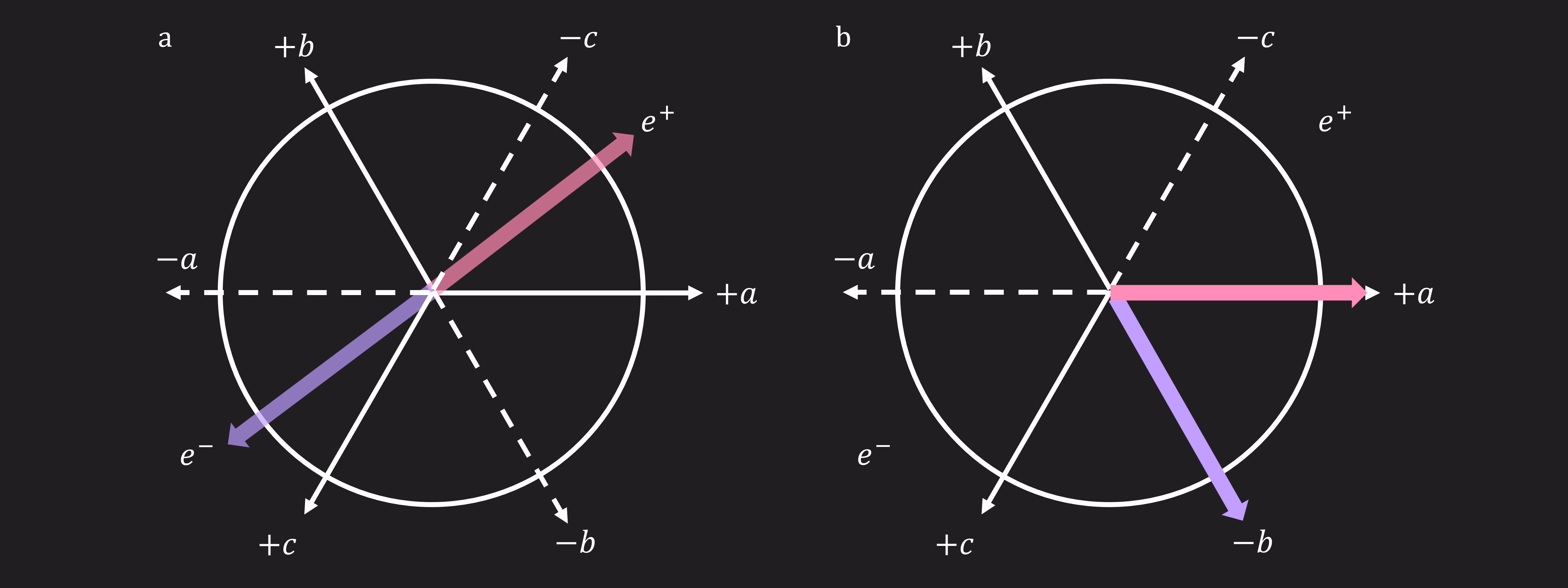 Isang diagram na nagpapakita ng dalawang paunang spin vector, kasunod ng mga posibleng pagsukat sa kahabaan ng tatlong linya, a, b, at c, ang bawat isa ay may positibo at negatibong direksyon. Dahil ang mga axis na ito ay hindi magkaparehong perpendikular, si Lucas at Rihanna ay hindi susukat ng mga spin sa magkasalungat na direksyon maliban kung sakaling pipiliin nilang sumukat sa kahabaan ng parehong mga axis.
