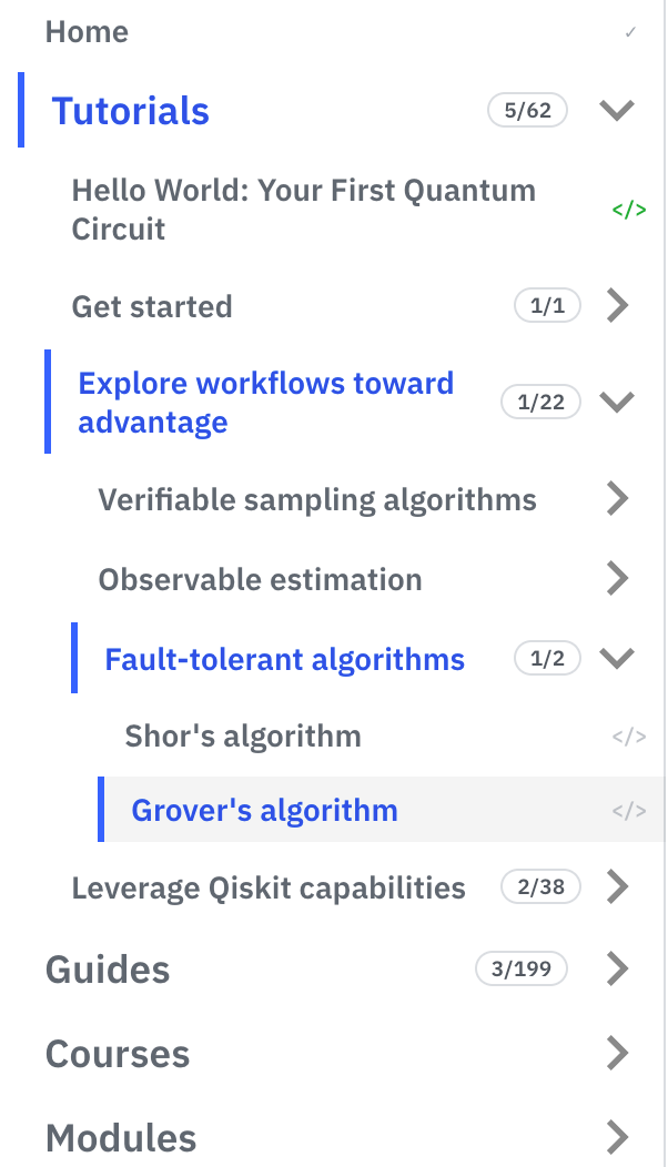 Ang sidebar na may mga progress counter para sa bawat seksyon at mga marka sa mga pahinang nabasa at napatakbo na.