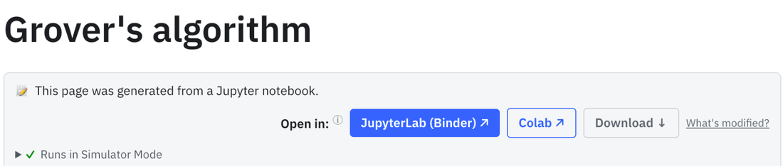 Ang itaas ng isang pahina ng tutorial: Open in JupyterLab (Binder), Colab o Download.