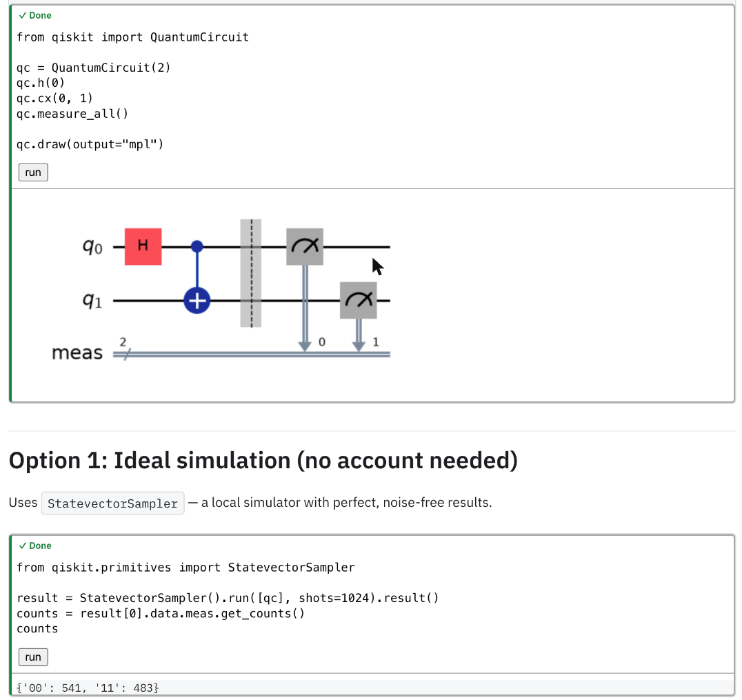 Isang pahina ng tutorial na may mga live na code cell: katatapos lang tumakbo ng isang cell at ipinapakita ang output nito.