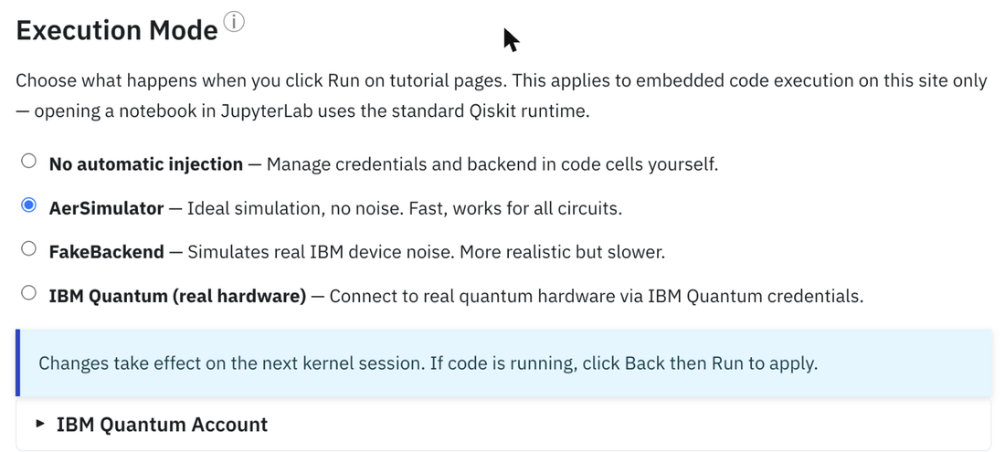 Ang setting na Execution Mode: AerSimulator, FakeBackend o IBM Quantum (tunay na hardware).
